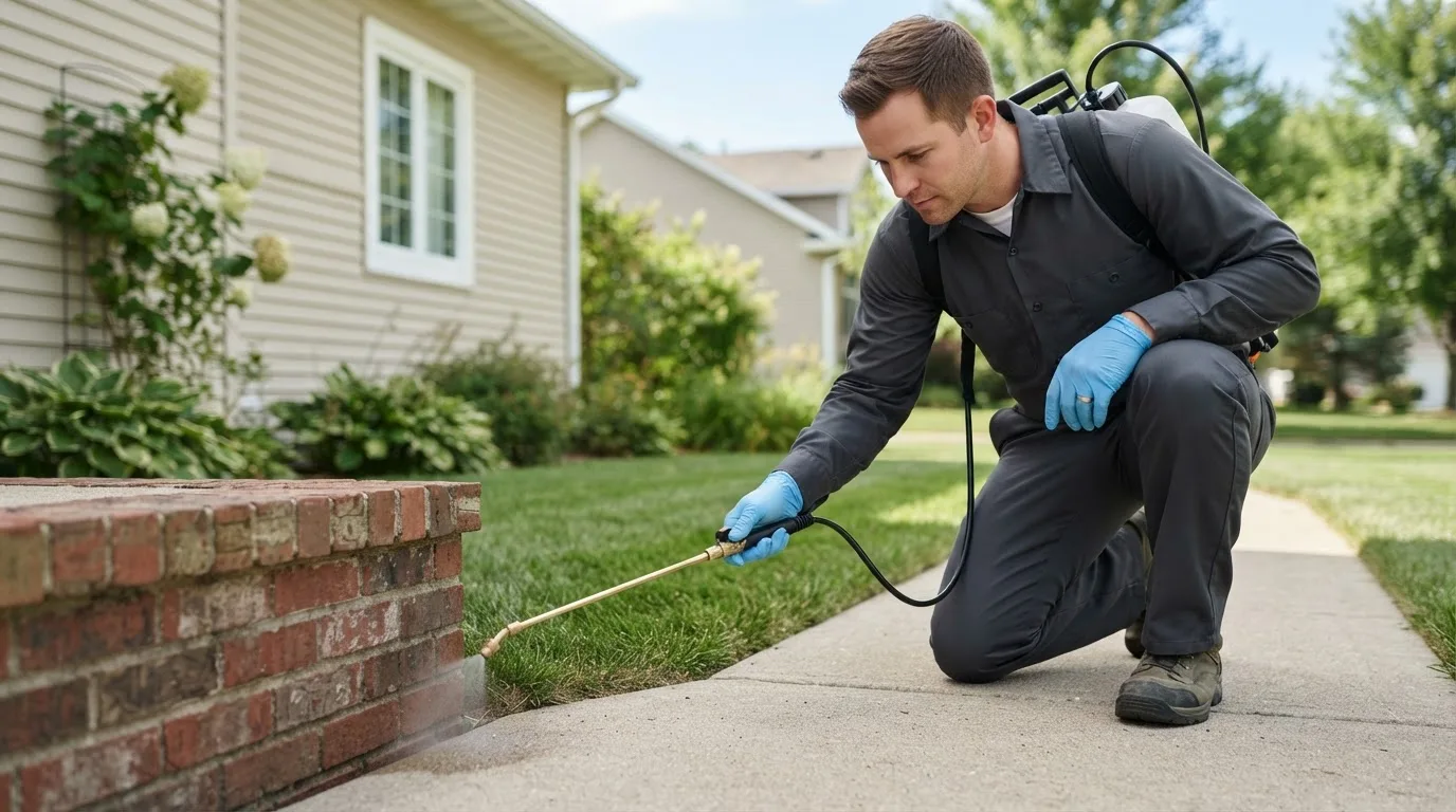 Pest control technician treating a home near Riverside, IA