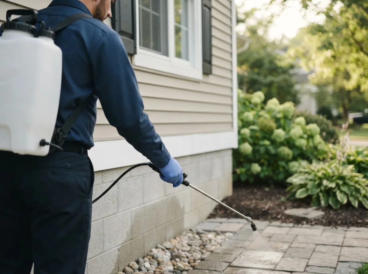 Pest control technician inspecting a home in Riverside, IA